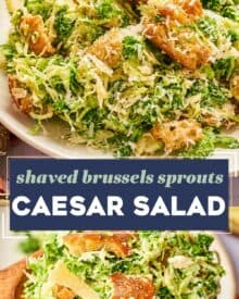 This twist on a classic caesar salad is made with finely chopped kale, shaved brussels sprouts, and easy homemade croutons! You can make this even easier by using store-bought dressing or make your own, and you can add some grilled chicken, salmon, or shrimp for a complete meal!