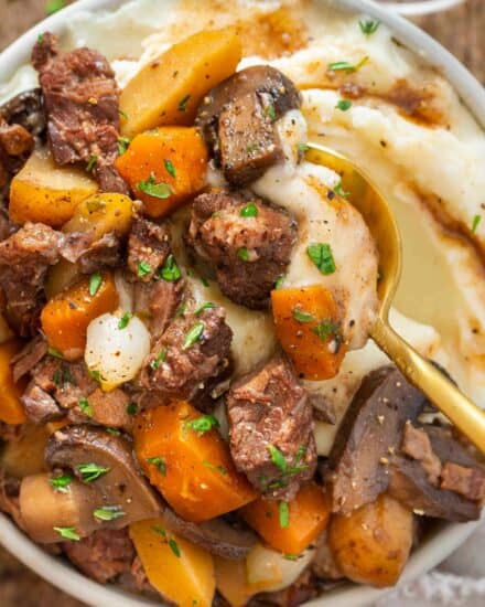 This rich and hearty beef bourguignon is made easily in the slow cooker. Come home after a long day of work to a deliciously savory dinner that's already done! Oven, stovetop, and Instant Pot directions are included as well.