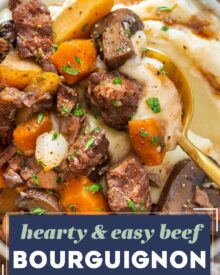 This rich and hearty beef bourguignon is made easily in the slow cooker. Come home after a long day of work to a deliciously savory dinner that's already done! Oven, stovetop, and Instant Pot directions are included as well.