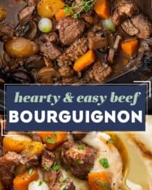 This rich and hearty beef bourguignon is made easily in the slow cooker. Come home after a long day of work to a deliciously savory dinner that's already done! Oven, stovetop, and Instant Pot directions are included as well.