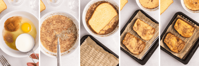 step by step photo collage of how to make air fryer french toast