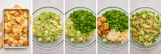 step by step photo collage of how to make a shaved brussels sprouts caesar salad.