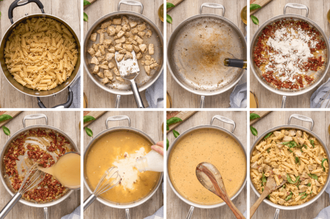 step by step photo collage of how to make marry me chicken pasta