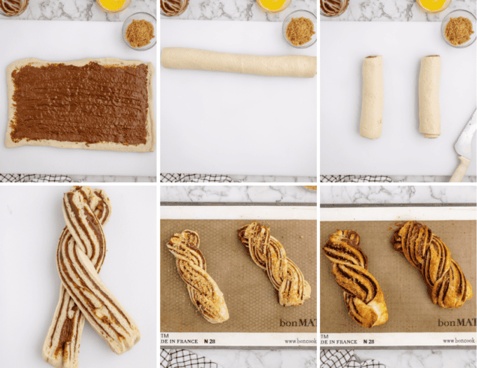 step by step photo collage of how to make nutella pastry twists