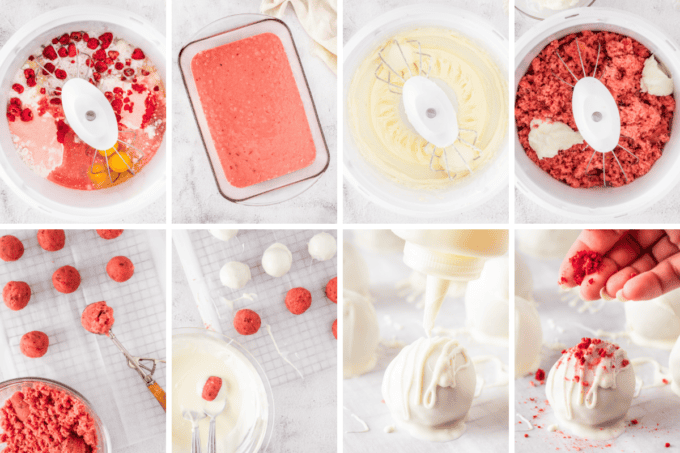 step by step photo collage of how to make raspberry white chocolate cake balls