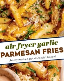 These homemade french fries are crispy on the outside and fluffy on the inside, and positively loaded with bold, savory, garlic parmesan flavors! Easy to make, and easy to customize, you can have this side dish with no guilt.