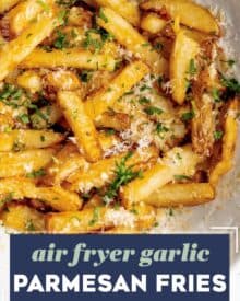 These homemade french fries are crispy on the outside and fluffy on the inside, and positively loaded with bold, savory, garlic parmesan flavors! Easy to make, and easy to customize, you can have this side dish with no guilt.