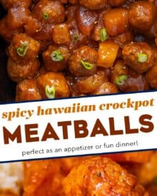 These Spicy Hawaiian Crockpot Meatballs are made easily with frozen meatballs and cooked low and slow in a mouthwatering sweet and savory sauce made from just 5 ingredients (plus salt and pepper)! Perfect as a party appetizer, game day treat, or fun dinner!