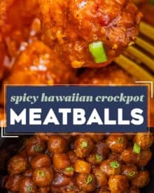 These Spicy Hawaiian Crockpot Meatballs are made easily with frozen meatballs and cooked low and slow in a mouthwatering sweet and savory sauce made from just 5 ingredients (plus salt and pepper)! Perfect as a party appetizer, game day treat, or fun dinner!