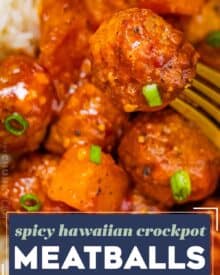 These Spicy Hawaiian Crockpot Meatballs are made easily with frozen meatballs and cooked low and slow in a mouthwatering sweet and savory sauce made from just 5 ingredients (plus salt and pepper)! Perfect as a party appetizer, game day treat, or fun dinner!