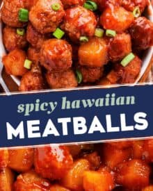 These Spicy Hawaiian Crockpot Meatballs are made easily with frozen meatballs and cooked low and slow in a mouthwatering sweet and savory sauce made from just 5 ingredients (plus salt and pepper)! Perfect as a party appetizer, game day treat, or fun dinner!