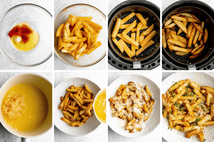 step by step photo collage of how to make garlic parmesan air fryer french fries.