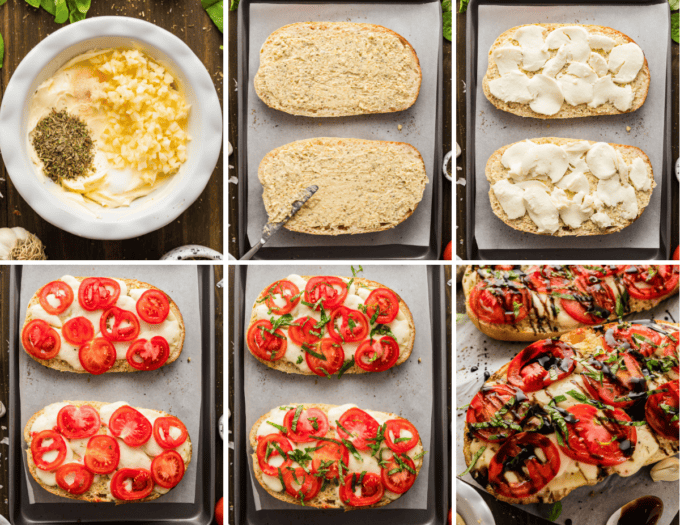 step by step photo collage of how to make caprese garlic bread