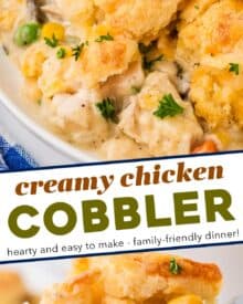 This creamy and hearty chicken cobbler is everything you love about rich chicken pot pie, but instead of a finicky pie crust, it's baked in a casserole dish and topped with cheddar and garlic biscuits! So easy to customize to your family's tastes, and on the table in about 45 minutes!