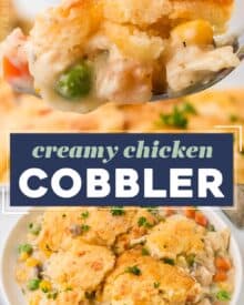 This creamy and hearty chicken cobbler is everything you love about rich chicken pot pie, but instead of a finicky pie crust, it's baked in a casserole dish and topped with cheddar and garlic biscuits! So easy to customize to your family's tastes, and on the table in about 45 minutes!