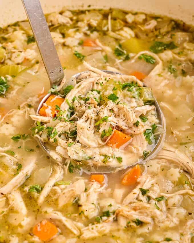 dipping a ladle into a pot of chicken and stars soup