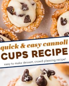 Everything you love about silky and sweet cannoli, but in a fun, easy to make bite-sized form! Made simply with pie crust (store-bought to be even easier), these cannoli bites are easy to customize to your tastes, and always a crowd-pleaser!