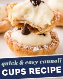 Everything you love about silky and sweet cannoli, but in a fun, easy to make bite-sized form! Made simply with pie crust (store-bought to be even easier), these cannoli bites are easy to customize to your tastes, and always a crowd-pleaser!