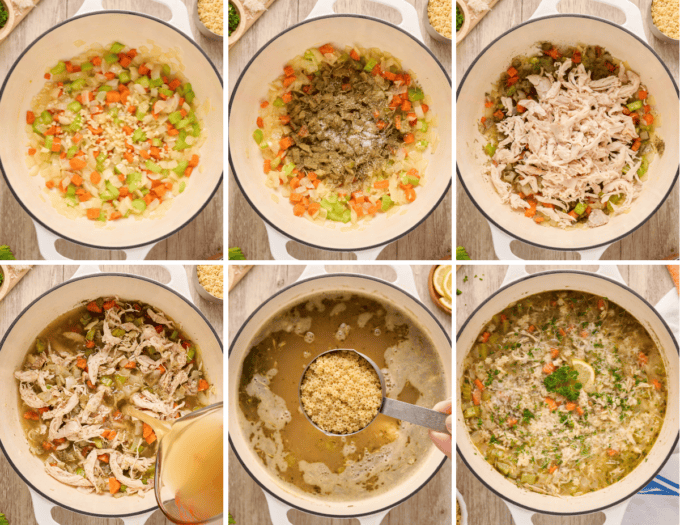 step by step photo collage of how to make chicken and stars soup