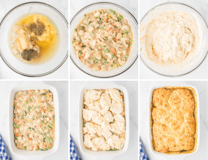 step by step photo collage of how to make chicken cobbler